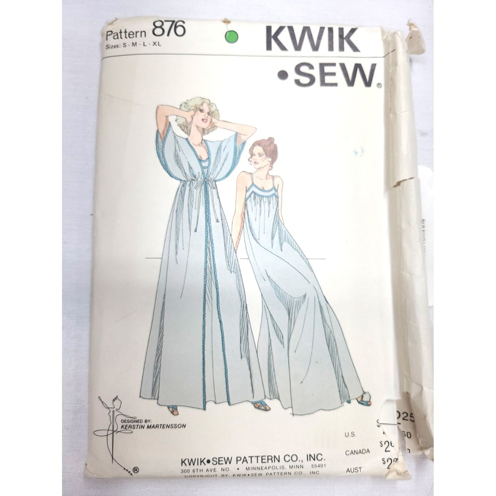 Kwik Sew Pattern 876 S-XL Misses Kimono Sleeve Peigoir and Nightgown Vtg Uncut